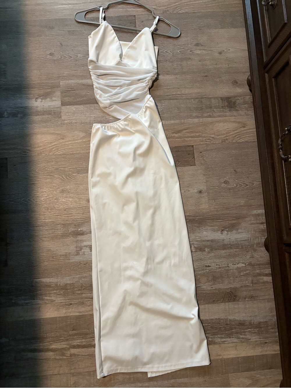 White Mesh Cutout Maxi Dress | Ruched | XS